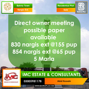 1 Kanal Residential Plot for Sale in Sector C - Nargis/Hussain Ext. -  Bahria Town, Lahore - (BP-373007)