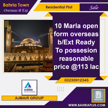 10 Marla Residential Plot for Sale in Overseas B Ext -  Bahria Town, Lahore - (BP-373619)