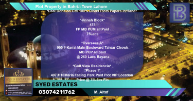 Residential Plot for Sale in Bahria Town, Lahore - (BP-46903)