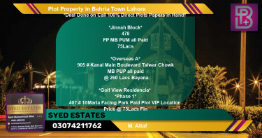 Residential Plot for Sale in Bahria Town, Lahore - (BP-46948)