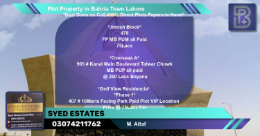 Residential Plot for Sale in Bahria Town, Lahore - (BP-48456)