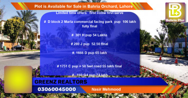 Commercial Plot for Sale in Bahria Orchard, Lahore - (BP-86066)