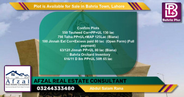 Residential Plot for Sale in Bahria Town, Lahore - (BP-87569)