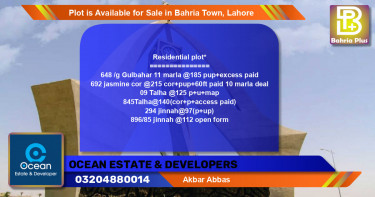 Residential Plot for Sale in Bahria Town, Lahore - (BP-87702)