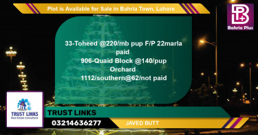 Residential Plot for Sale in Bahria Town, Lahore - (BP-88975)