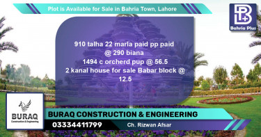 Residential Plot for Sale in Bahria Town, Lahore - (BP-89436)