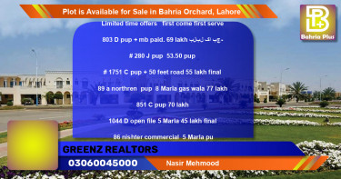 Commercial Plot for Sale in Bahria Orchard, Lahore - (BP-89943)