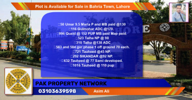 Residential Plot for Sale in Bahria Town, Lahore - (BP-90348)