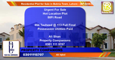 Residential Plot for Sale in Bahria Town, Lahore - (BP-92083)