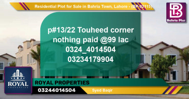 Residential Plot for Sale in Bahria Town, Lahore - (BP-92115)