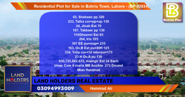 Residential Plot for Sale in Bahria Town, Lahore - (BP-92834)