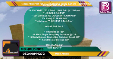 Residential Plot for Sale in Bahria Town, Lahore - (BP-93023)