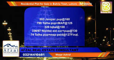 Residential Plot for Sale in Bahria Town, Lahore - (BP-93025)