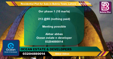 Residential Plot for Sale in Bahria Town, Lahore - (BP-93289)