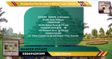 Residential Plot for Sale in Bahria Town, Lahore - (BP-93291)