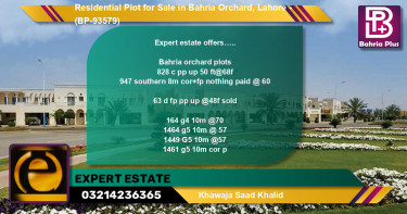 Residential Plot for Sale in Bahria Orchard, Lahore - (BP-93579)