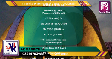 Residential Plot for Sale in Bahria Town, Lahore - (BP-94029)