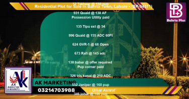 Residential Plot for Sale in Bahria Town, Lahore - (BP-94371)