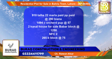 Residential Plot for Sale in Bahria Town, Lahore - (BP-94494)