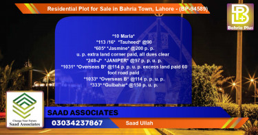Residential Plot for Sale in Bahria Town, Lahore - (BP-94589)